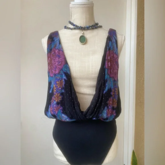 free people floral body suit deep v thong sz m - Picture 2 of 13